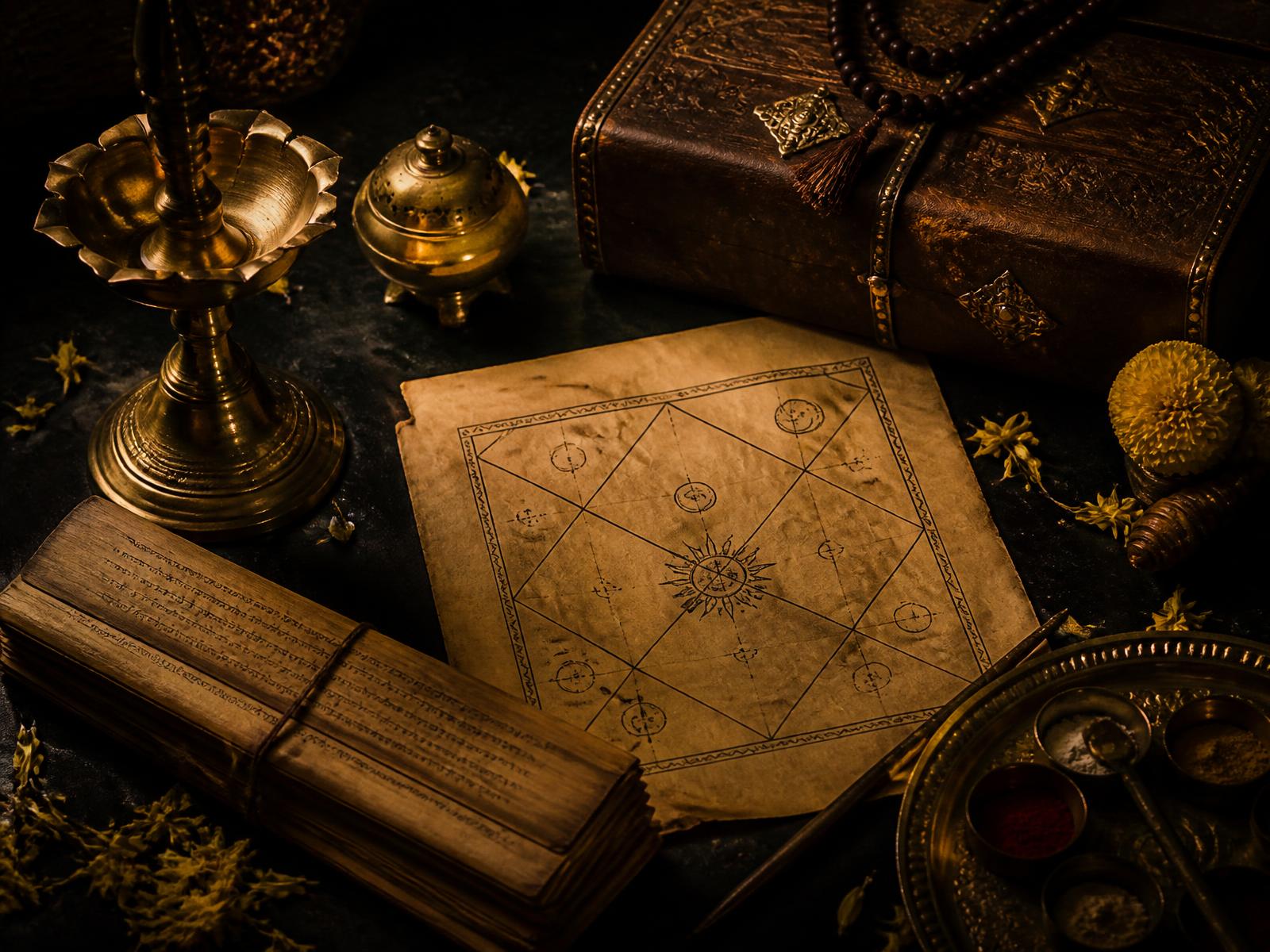 Traditional Vedic Janam Kundli chart on parchment with a brass lamp